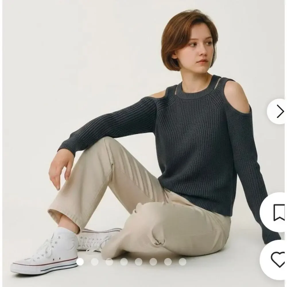 Hollister Womens Small Cold Shoulder Ribbed Sweater Chunky Knit Crew Gray Small